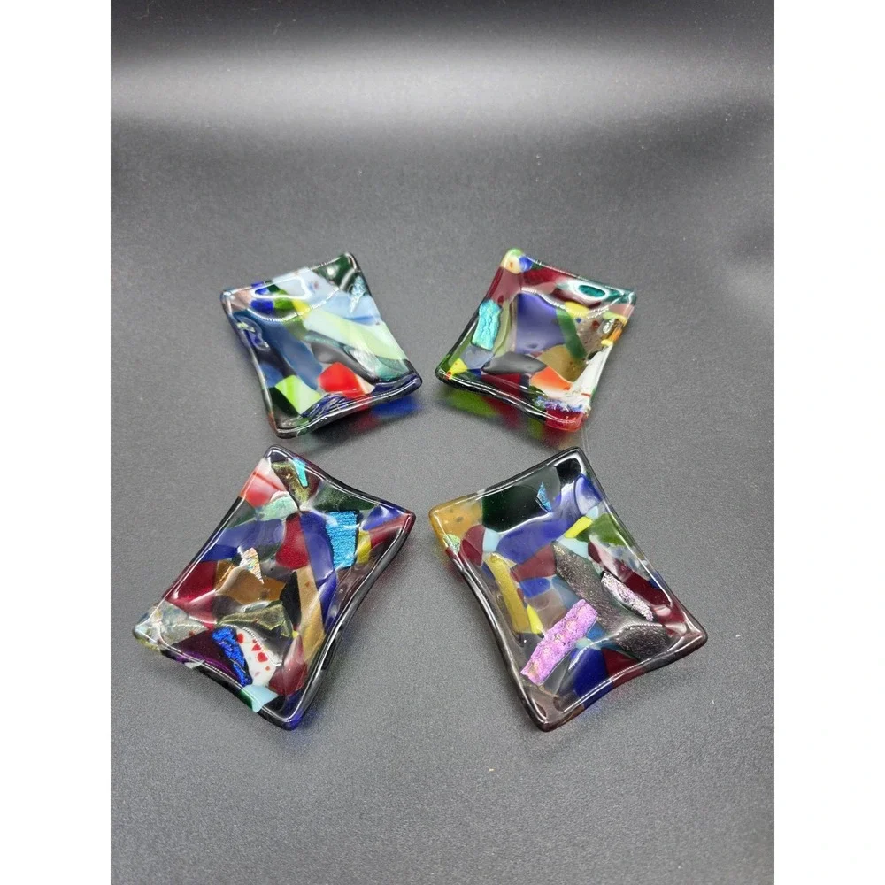 Set‎ Of 4 Frog Valley Fused Glass Dipping Dish Trinket/Ring Tray Signed Mosaic